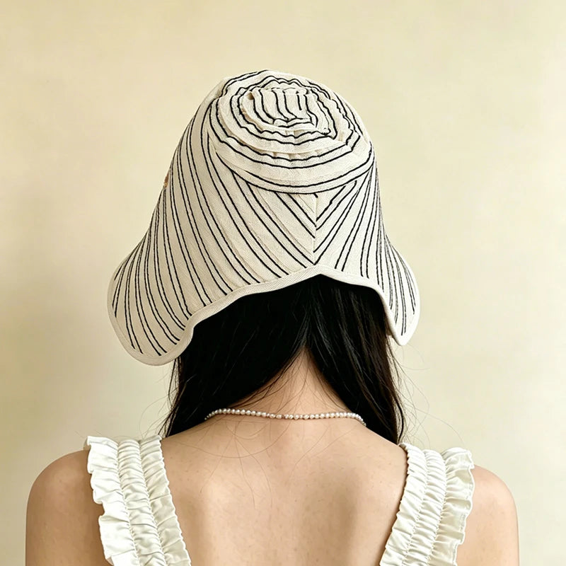 Korean Striped Fisherman Hat Summer Outdoor Travel Sun Hat Japanese Strap Wrapped Around the Brim Sun Hat