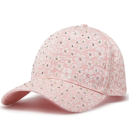 Summer Women Rhinestone Baseball Cap Flower Embroidery Hats