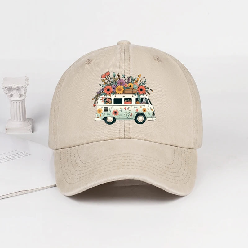 Vintage Floral Van Print Washed Baseball Cap