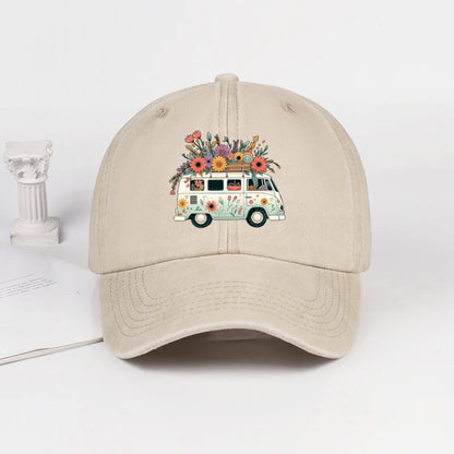 Vintage Floral Van Print Washed Baseball Cap