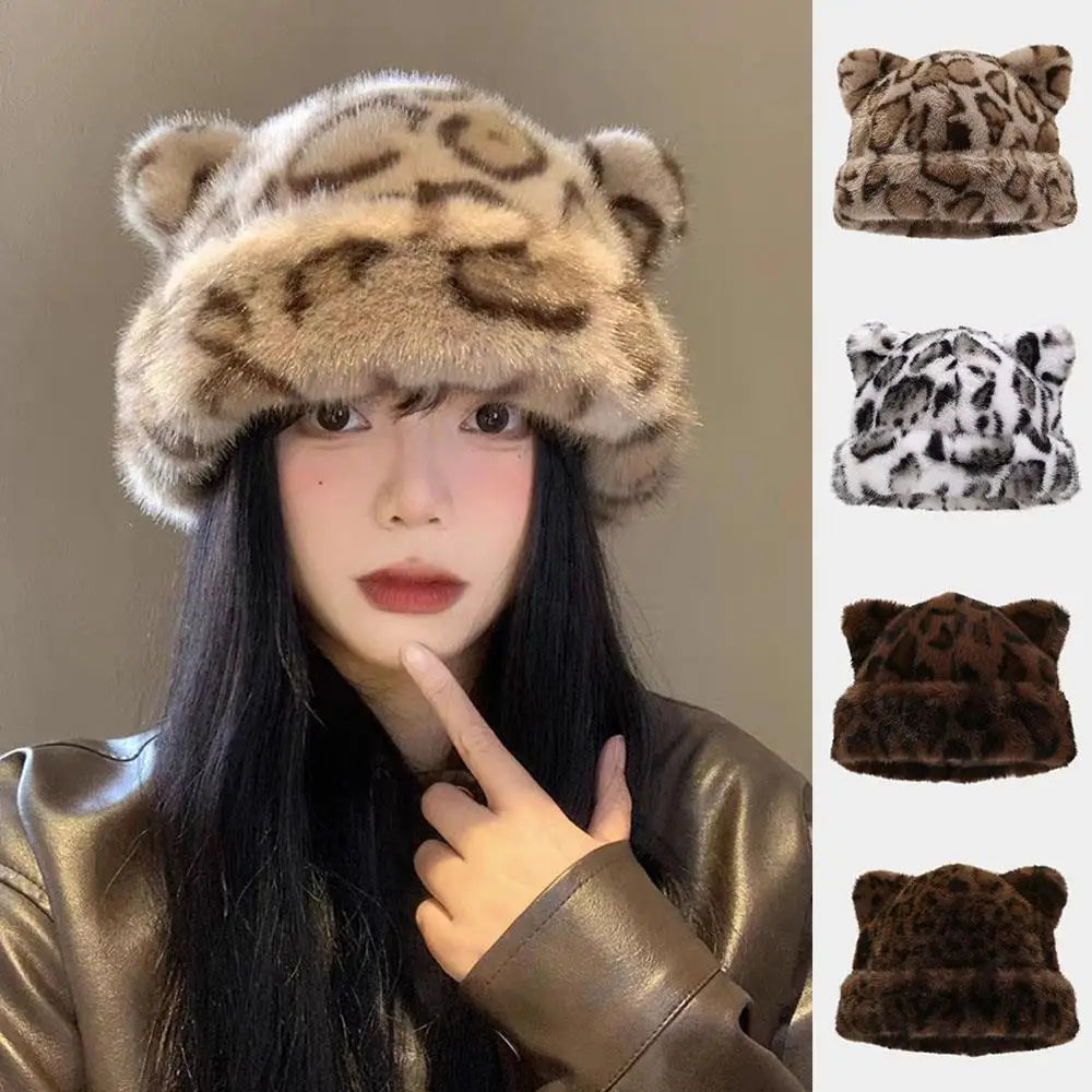 Winter Plush Teddy Bear Hat For Women Leopard Print Ear Protection Cap
