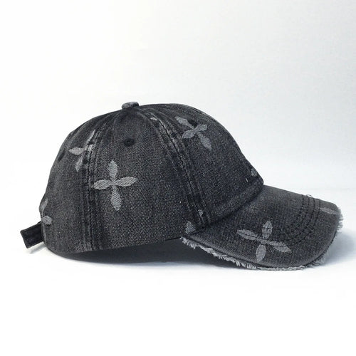 Cross Denim Baseball Cap With Jacquard Fringe, Vintage Distressed, Cropped Edge Cap