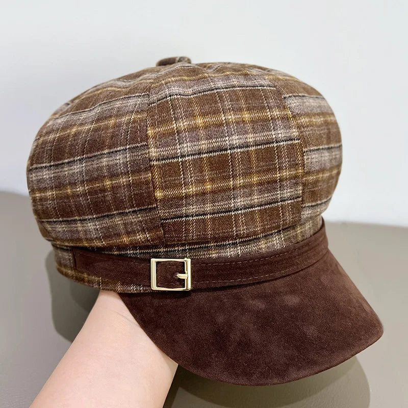 Vintage Red Plaid Beret Hat For Women Autumn Winter Newsboy Cap