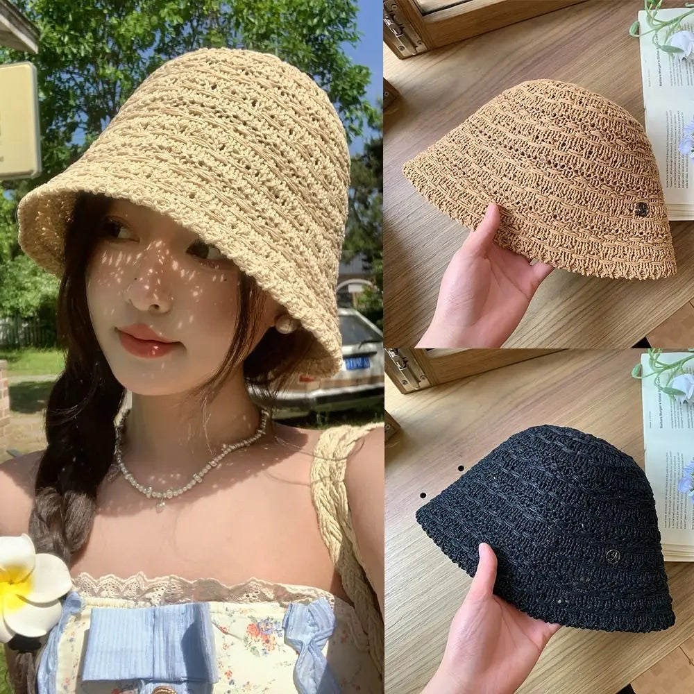Fashion Summer Straw Sun Hat Wide Brim Hollow Straw Bucket Hat