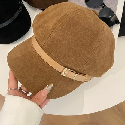 Fashion British Style Pu Leather Beret Belt Buckle Retro Suede Octagonal Hat
