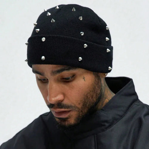 Men Punk Rivet Beanie Hat, Goth Gothic Skull Caps