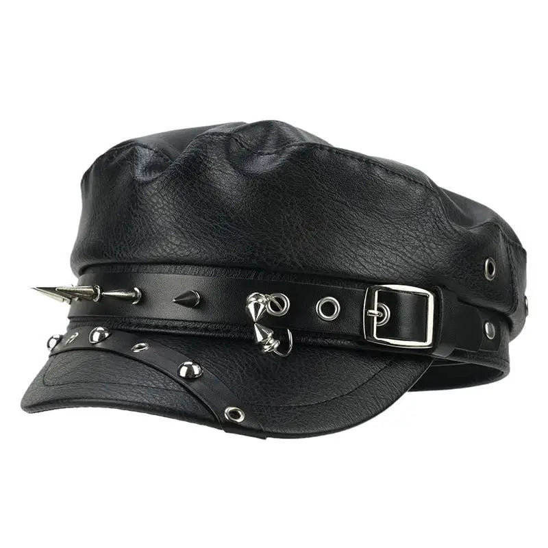Vintage Rivet Detailing, Black Leather Newsboy Cap