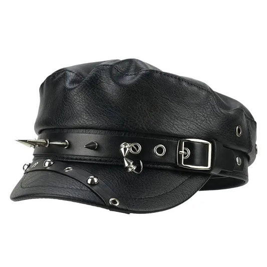 Vintage Rivet Detailing, Black Leather Newsboy Cap