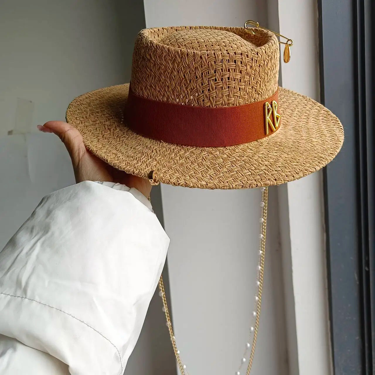 Chain Summer Straw Hat Pork Pie Hat