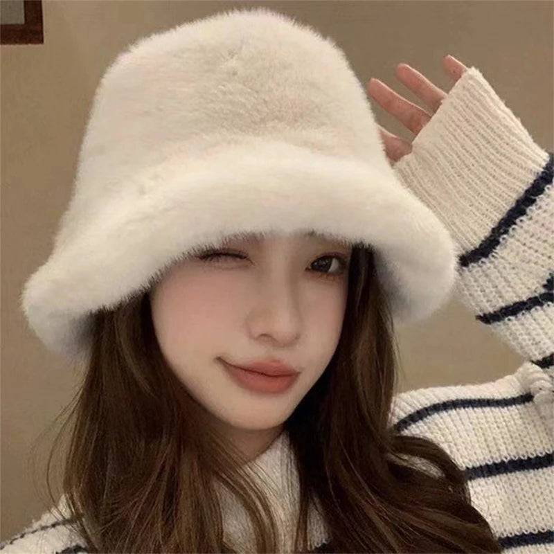 Winter Windproof Warm Women's Fashion Solid Color Plush Hat Bucket Cap Fluffy Fisherman's Hat