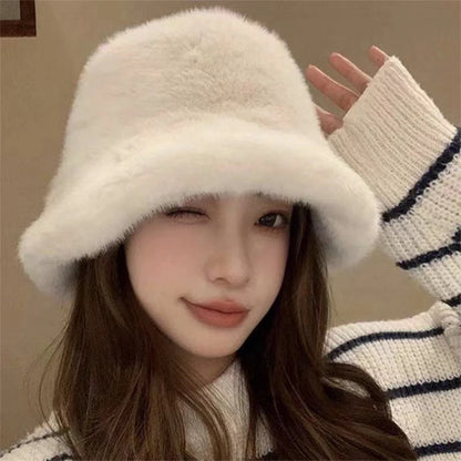 Winter Windproof Warm Women's Fashion Solid Color Plush Hat Bucket Cap Fluffy Fisherman's Hat