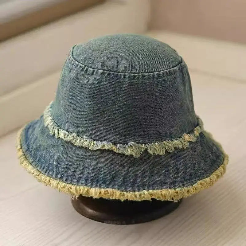 Unisex Washed Denim Bucket Hat Soft Foldable Tassel Brim Sun Hat
