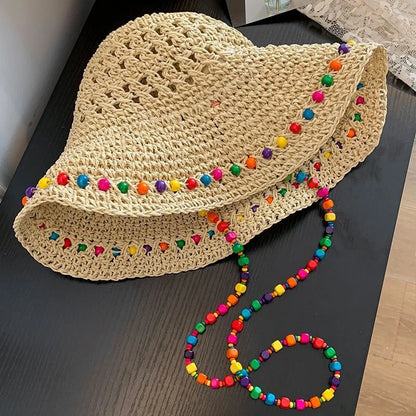 Women Crochet Straw Bucket Hat-Colorful Beaded Sun Hat