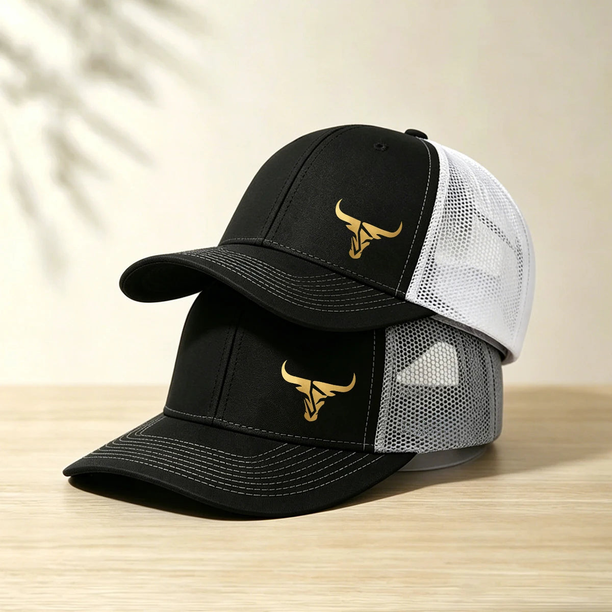 1 Gold Ox Head Print Truck Cap Breathable Mesh Back Baseball Cap Outdoor Snap Caps