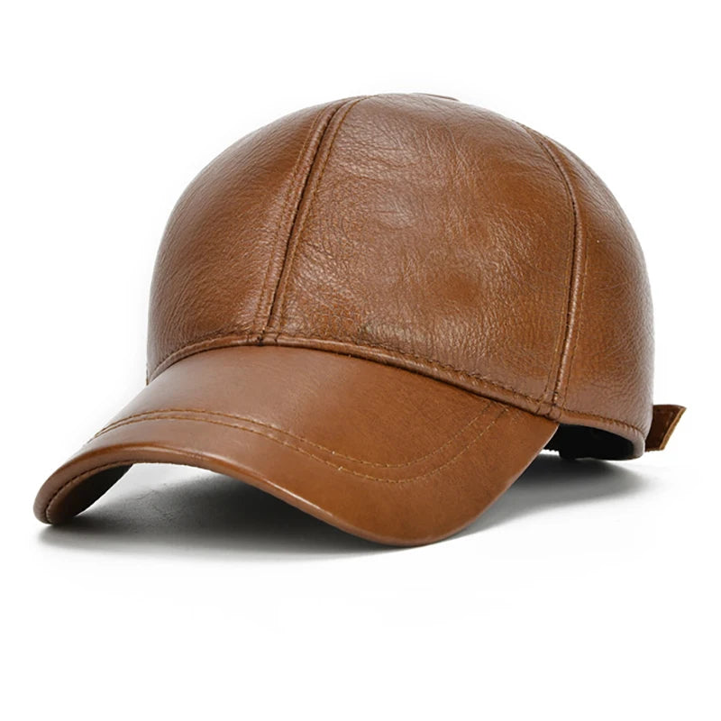 Men's Genuine Cowhide Leather Baseball Cap For Fall Winter Outdoor Sports Hat Men