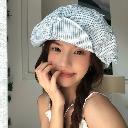 Japanese Literary Blue Plaid Beret Women's