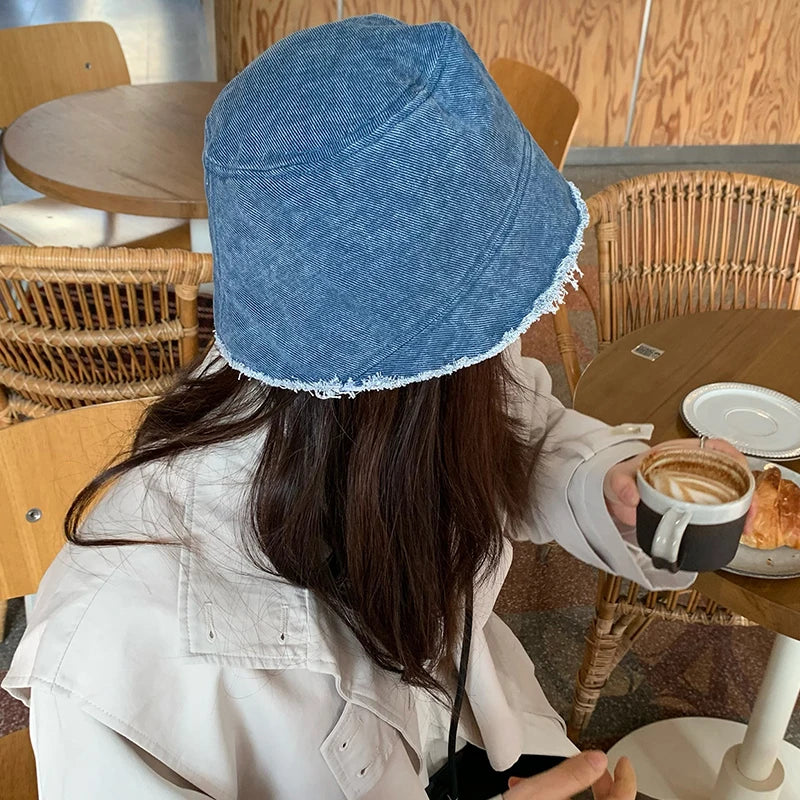 Retro Solid Color Denim Bucket Hat For Women