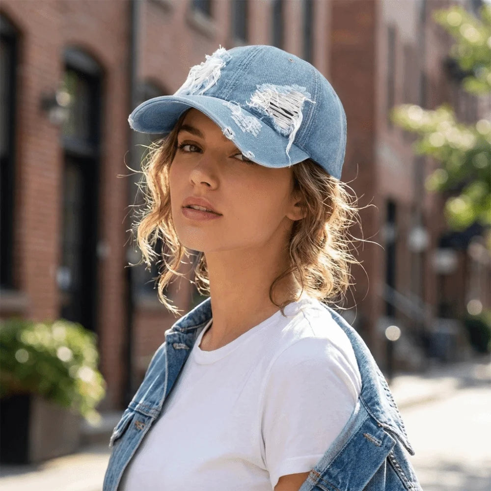 Vintage Ripped Washed Denim Baseball Cap