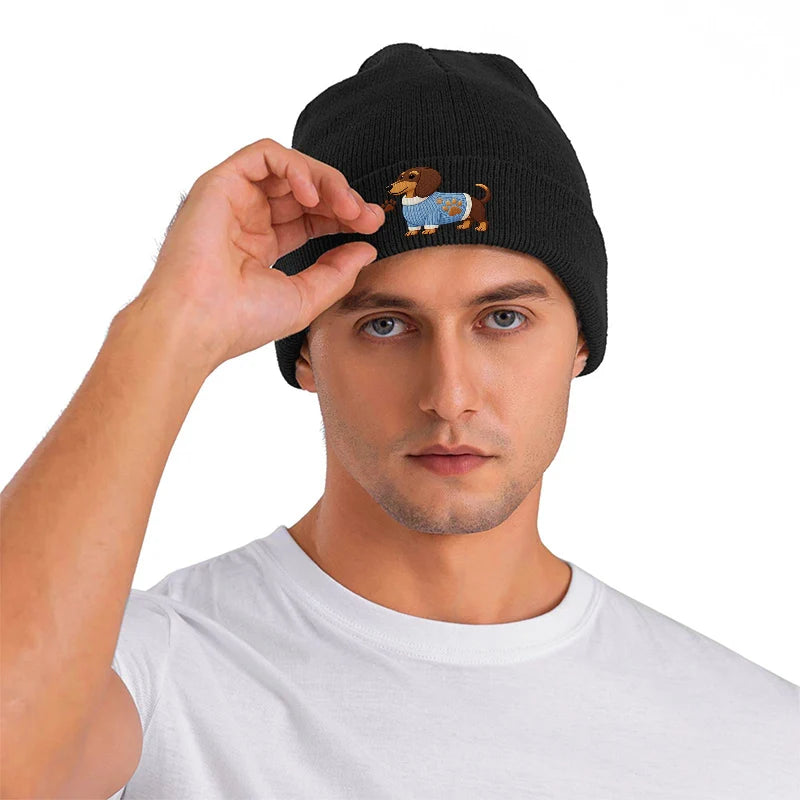 Dachshund Dog Knit Beanie Warm Cuffed Skull Cap