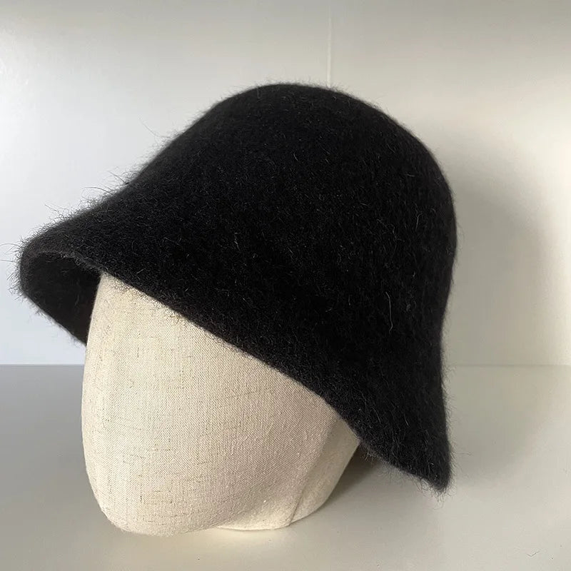 High Quality Double-Sided Wear Beanie Women Pure Wool Angora Rabbit Bucket Hat
