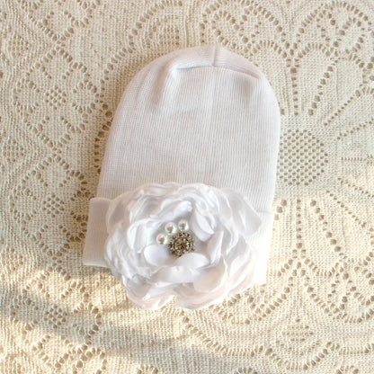 0-6 Months Newborn Knit Baby White Hat Baby Girl Knitted Bonnet Satin Diamond Flower Hat