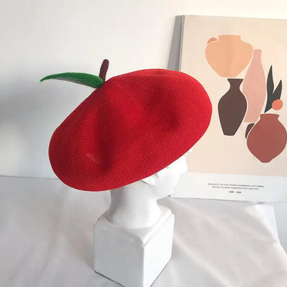 Adult Red Apple Spring Autumn Breathable Knit Beret Fruit Painter Hat Female
