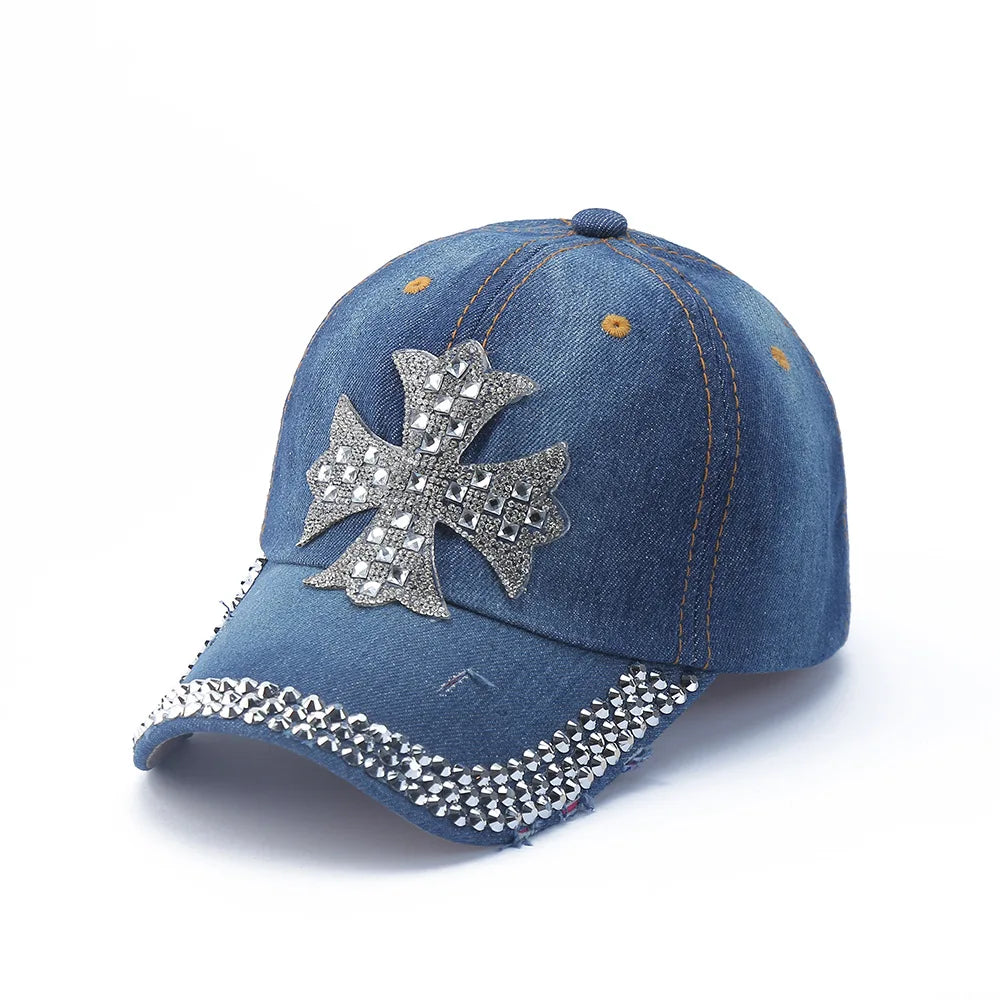Baseball Cap Denim Distressed Rhinestone Bling Sparkle Hip Hop Hat