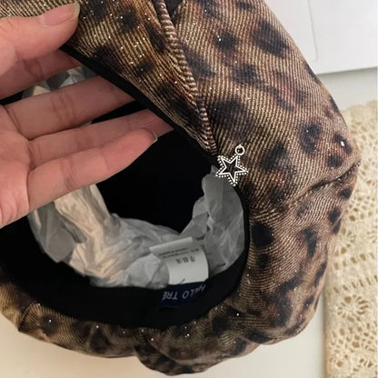 American Y2k Personalized Star Leopard Print Beret
