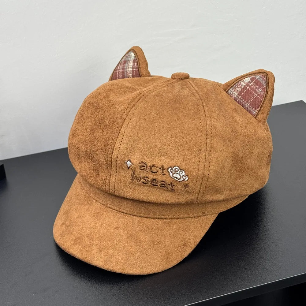 Kawaii Cat Ear Newsboy Cap Faux Suede Women Baker Boy Cap Letter Embroidery Autumn Snap Brim Y2k Hat