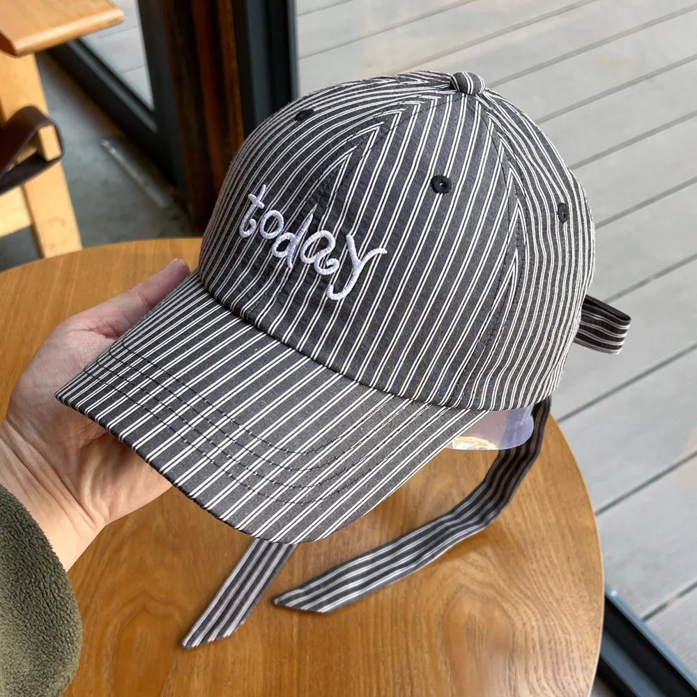 Embroidered Letter Baseball Cap Sweet Bow Tie Striped Design Sun Hat