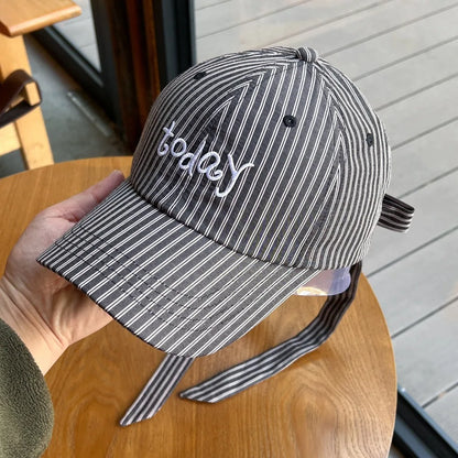 Embroidered Letter Baseball Cap Sweet Bow Tie Striped Design Sun Hat