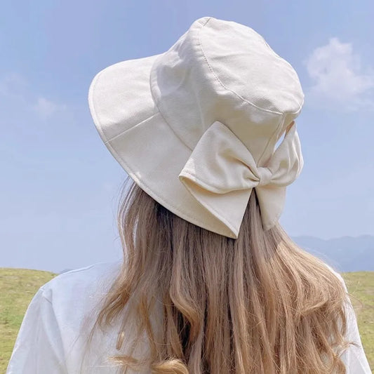 Ladies Summer Travel Bow Sun Hat Wide Brim Cotton Floppy Hat