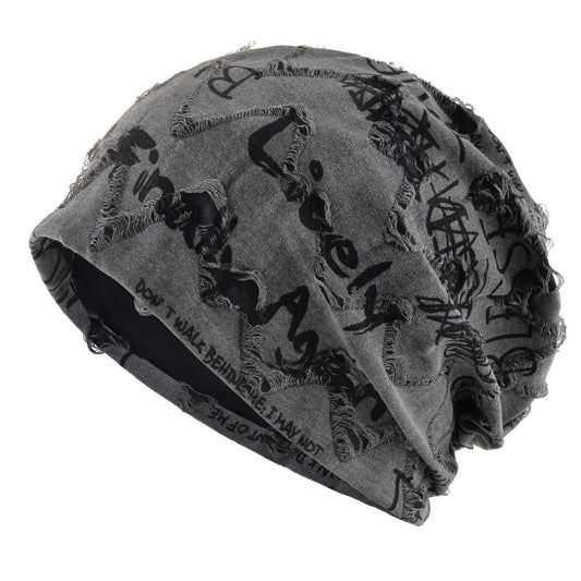 Letter Print Beanie Hats For Women Men Vintage Distressed Cracked Design Wasteland Style