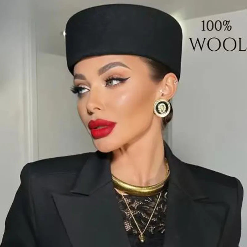 Women Wool Felt Berets Hat Vintage Hard Top Concave Top Fedoras Hats