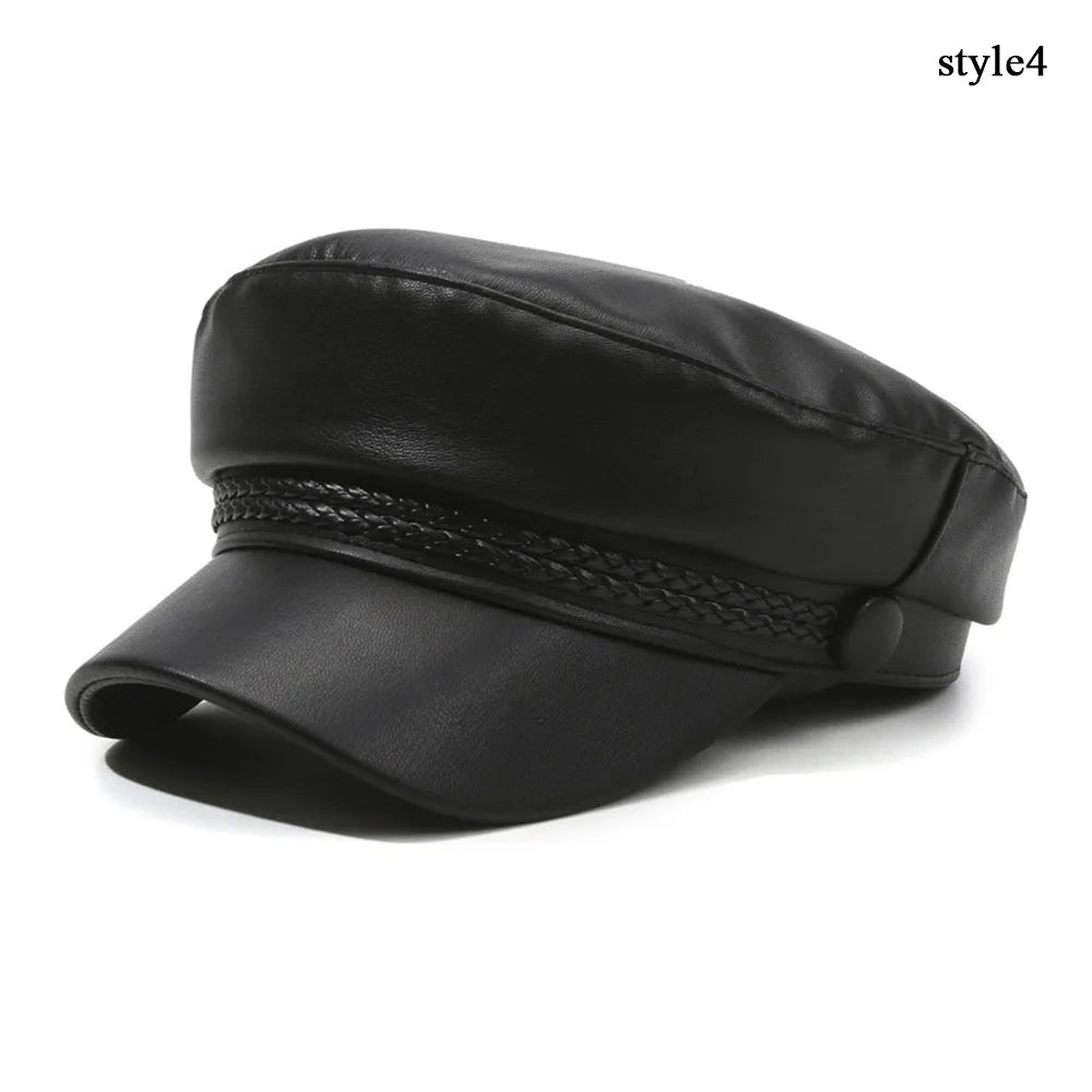 Goth Punk Beret Belt Buckle Leather Hat Spring Autumn