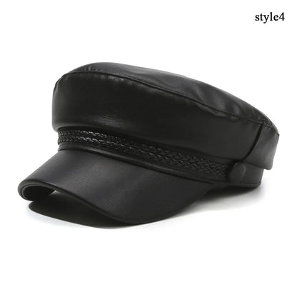 Goth Punk Beret Belt Buckle Leather Hat Spring Autumn