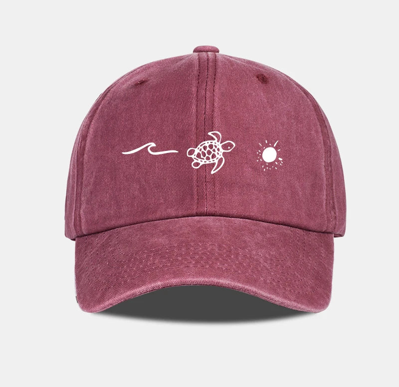 Retro Washed Baseball Cap With Wave Turtle and Sun Print Unisex Adjustable Dad Cap Summer Beach Sun Hat
