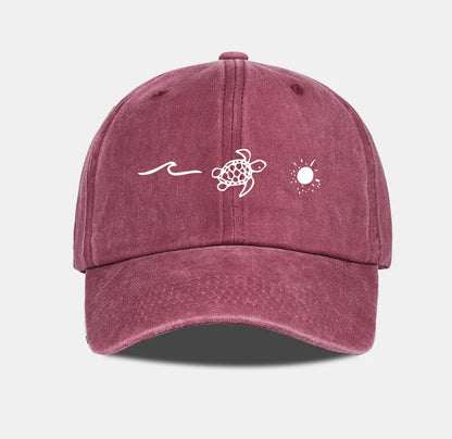 Retro Washed Baseball Cap With Wave Turtle and Sun Print Unisex Adjustable Dad Cap Summer Beach Sun Hat