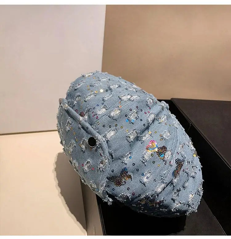 Sequin Bow Denim Octagonal Hat Travel Holiday Beret Hat