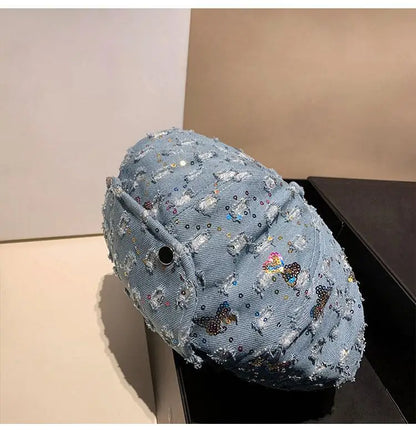 Sequin Bow Denim Octagonal Hat Travel Holiday Beret Hat