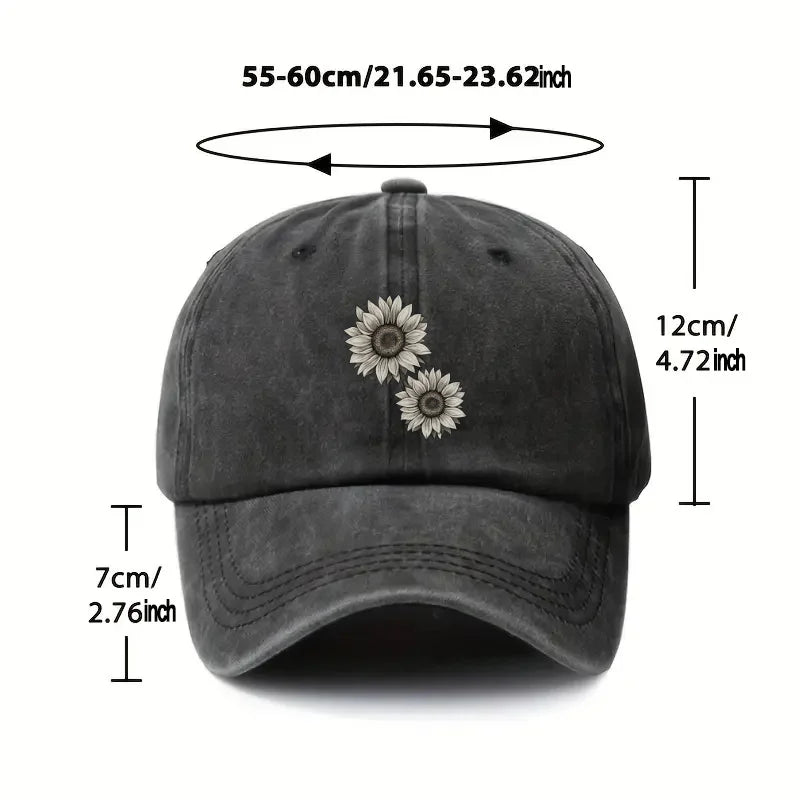Sunflower Print Washed Baseball Cap Distressed Cotton Vintage