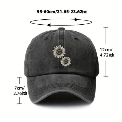 Sunflower Print Washed Baseball Cap Distressed Cotton Vintage