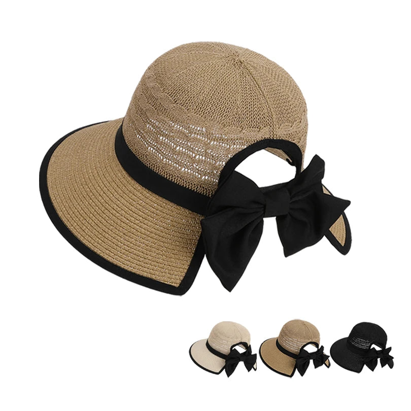 Girls' Versatile Bow-Tied Ponytail Hole Large Eaves Straw Hat