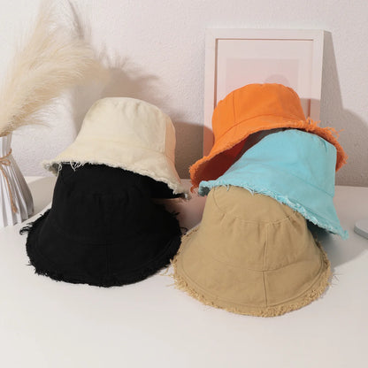 Women's Frayed Edge Bucket Hat Cotton Black Fisherman Cap
