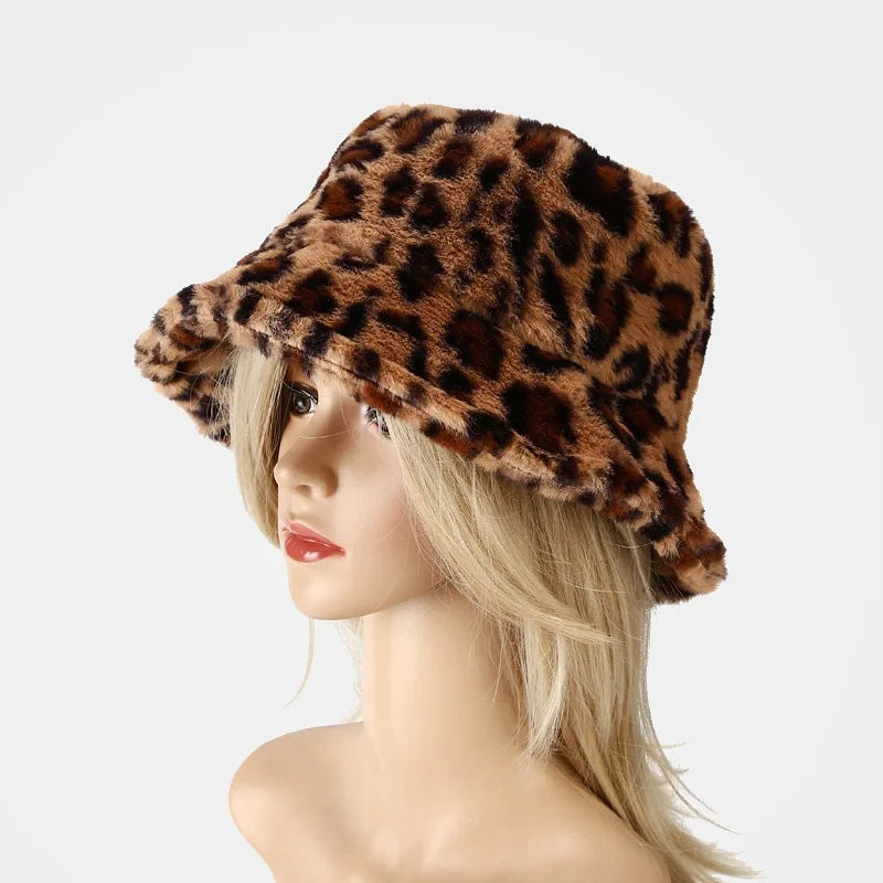 Winter Bucket Hat Women's Fashion Leopard Panama Warm Bucket Hats
