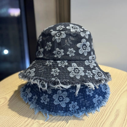 New Summer Embroidery Flower Washed Denim Bucket Hat