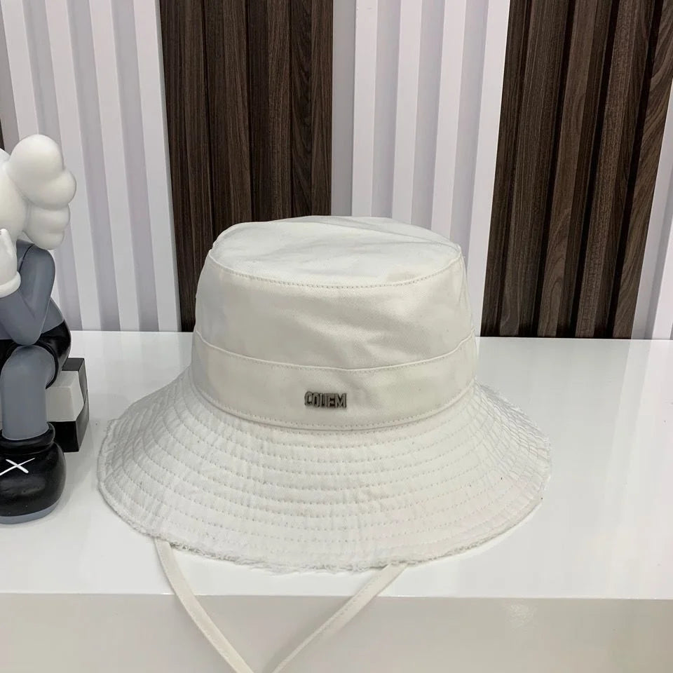 2026 Bucket Hat Female, Letter Metal Label Rough Edge Sunshade Flat Top