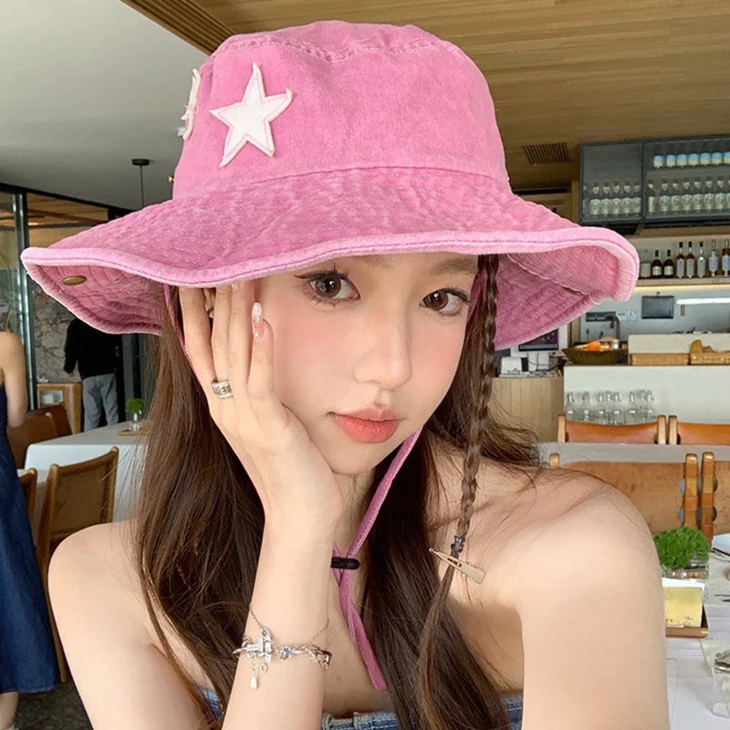 Pink Star Print Western Bucket Hat for Women