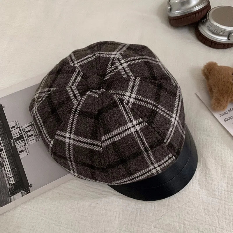 Plaid Wool Newsboy Cap With Leather Trim Trendy Women Beret Hat