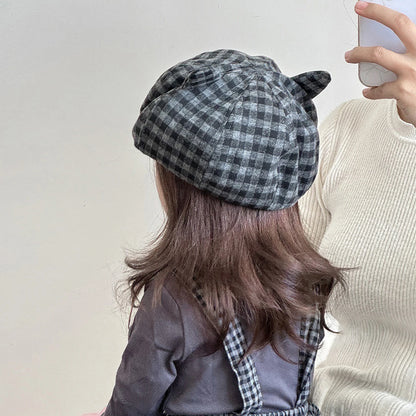 Cute Cats Ears Beret Japanese Children Octagonal Hat Fashion Plaid Kids Pumpkin Hats